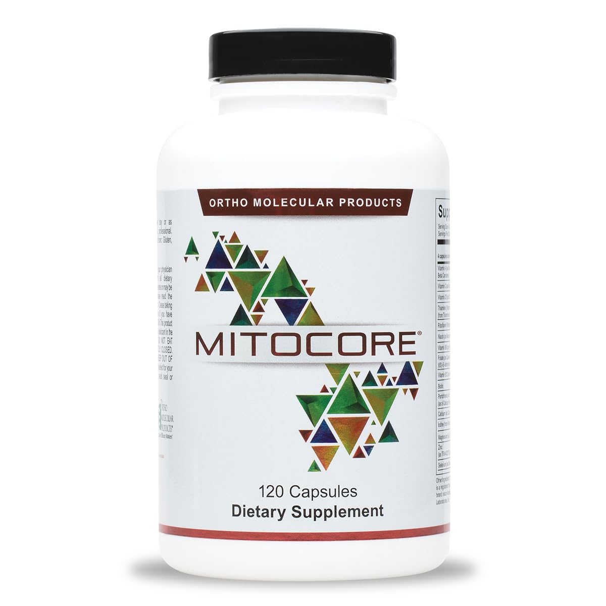 Ortho Molecular Mitocore: bouteille et étiquette indiquant un soutien potentiel à l’énergie cellulaire.