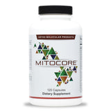 Ortho Molecular Mitocore: bouteille et étiquette indiquant un soutien potentiel à l’énergie cellulaire.