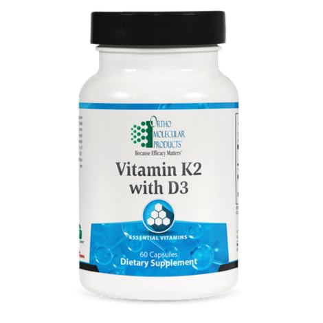 Ortho Molecular Vitamine K2 + D3, bouteille montrant les capsules pour la santé osseuse et la circulation.