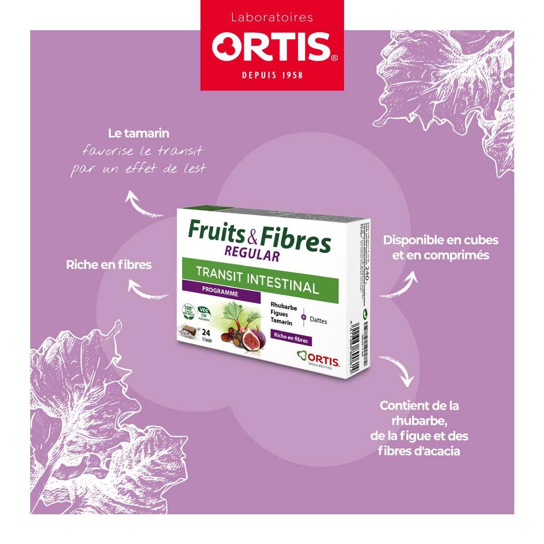 Ortis Fruits et Fibres Régulier boîte et cuillère indiquant la dose et facilité d'utilisation