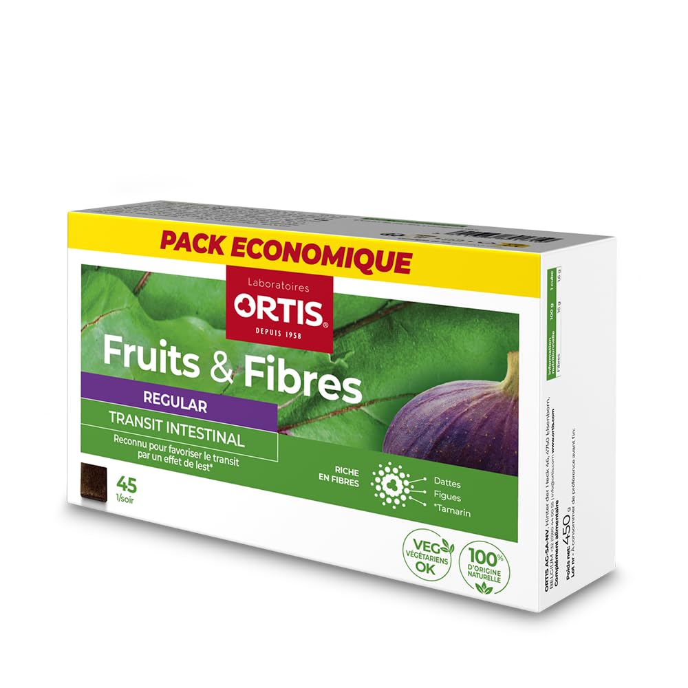 Ortis Fruits et Fibres Régulier 45 cubes à mâcher, snack sain et pratique.