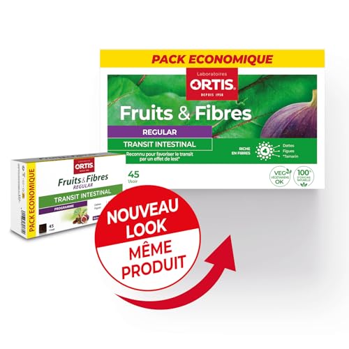 Ortis Fruits et Fibres Régulier 45 cubes détail ingrédients, mélange fruits et fibres riche.