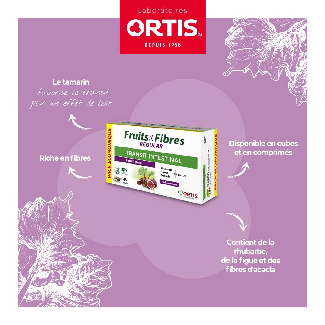 Ortis Fruits et Fibres Régulier 45 cubes morceaux-dattes, fibre naturelle et saveur douce.