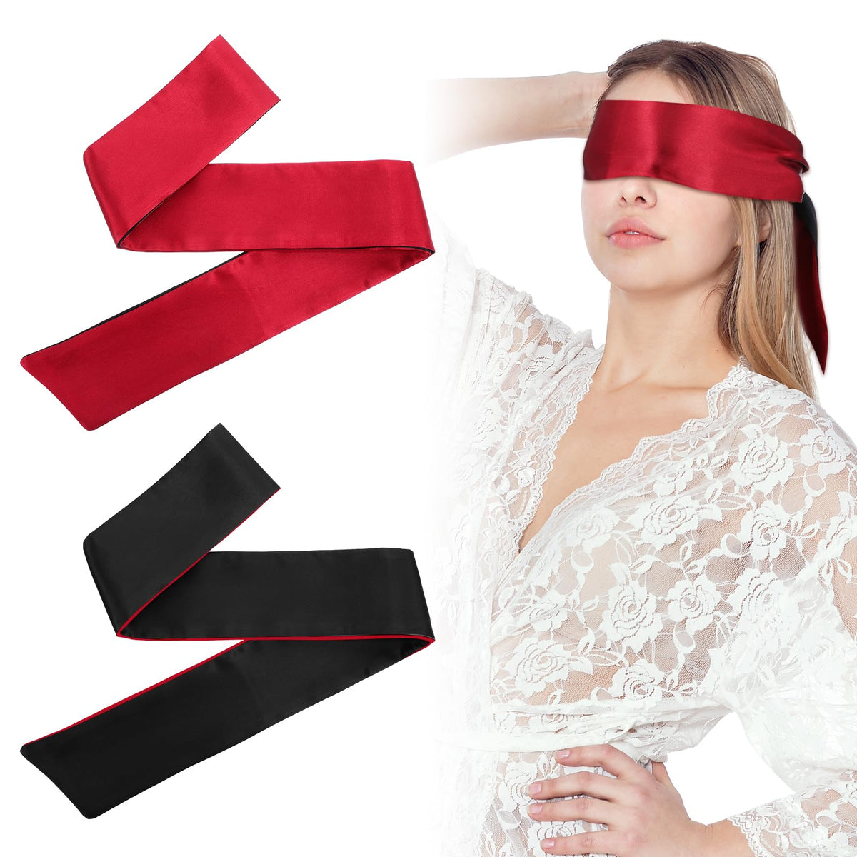 Masque aveuglement satin d'Oruola, bordeaux et noir, bloque la lumière pour un sommeil profond.