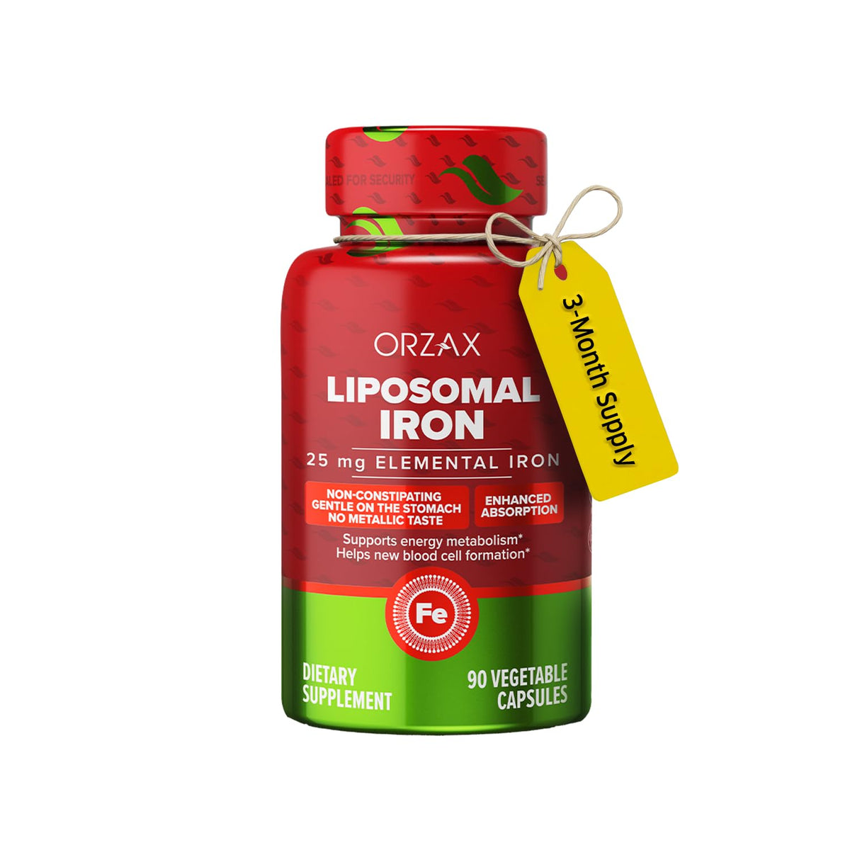 ORZAX Fer Liposomale 25 mg — bouteille, absorption rapide et énergie potentielle.