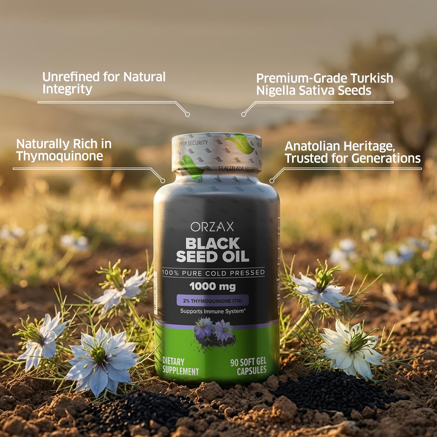ORZAX huile de graines noires, capsules riches en oméga et nutriments.
