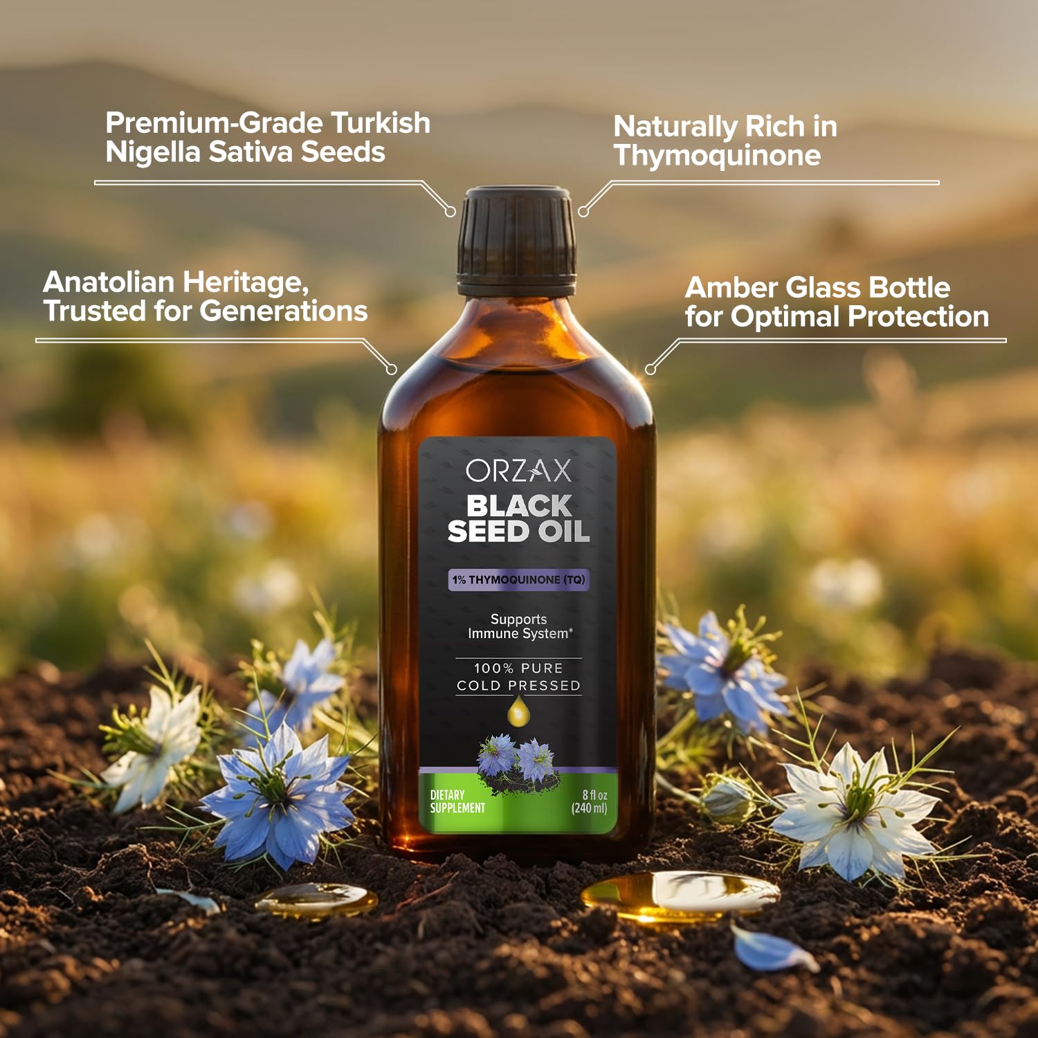 ORZAX huile-noire-graines-thymoquinone, richesse naturelle pour votre routine beauté.