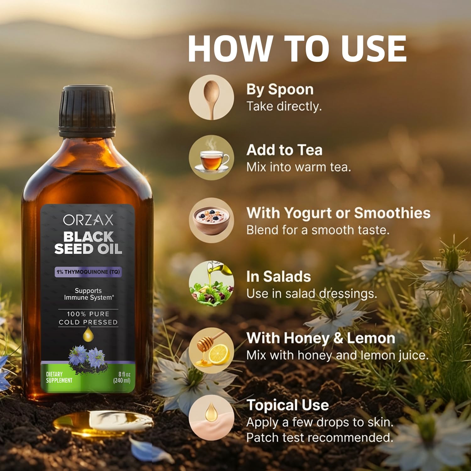 ORZAX huile-noire-omega-3-6-9, riche en acides gras essentiels.
