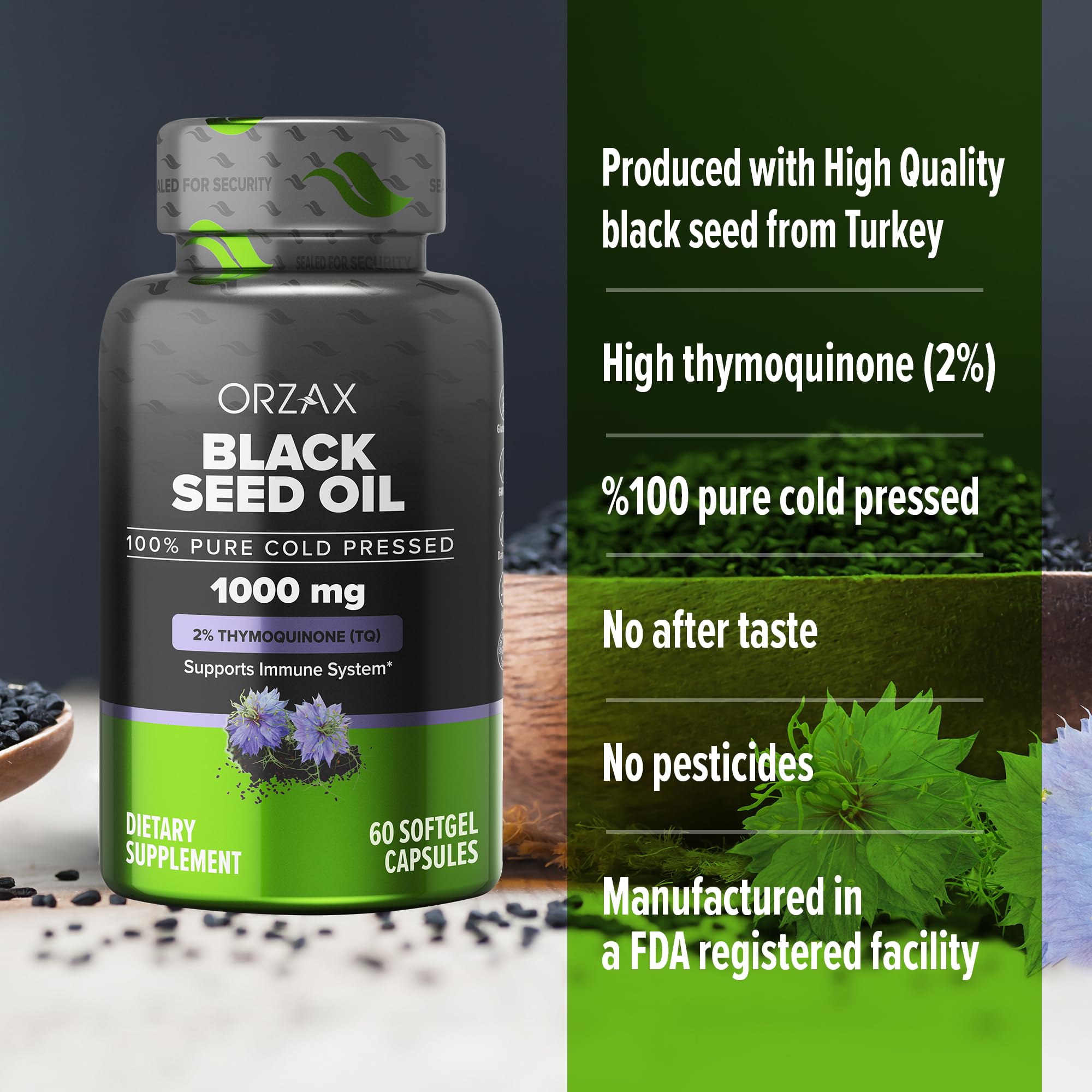 ORZAX nigelle gros plan sur la goutte d'huile et le thymoquinone.