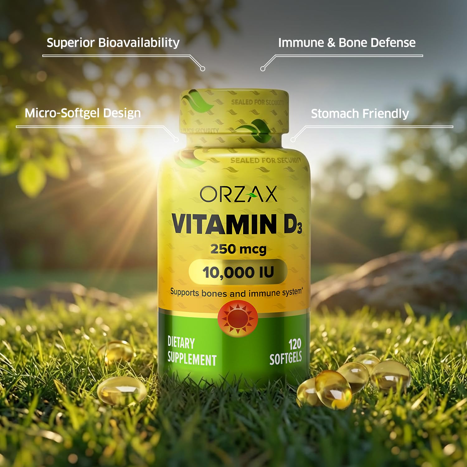 ORZAX vitamine D3 10000 UI – softgels dans la boîte, présentation claire