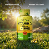 ORZAX vitamine D3 10000 UI – softgels dans la boîte, présentation claire