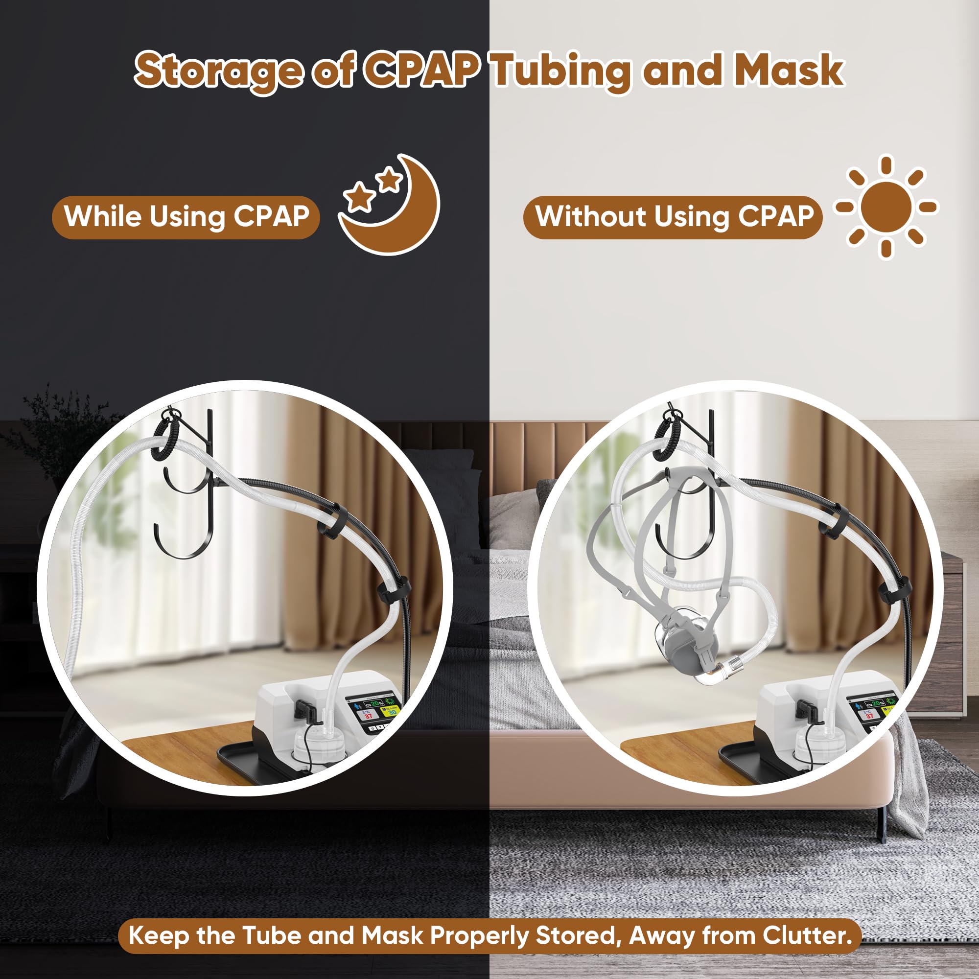 Oslora organisation tuyau et masque CPAP, rangement net et ordonné.