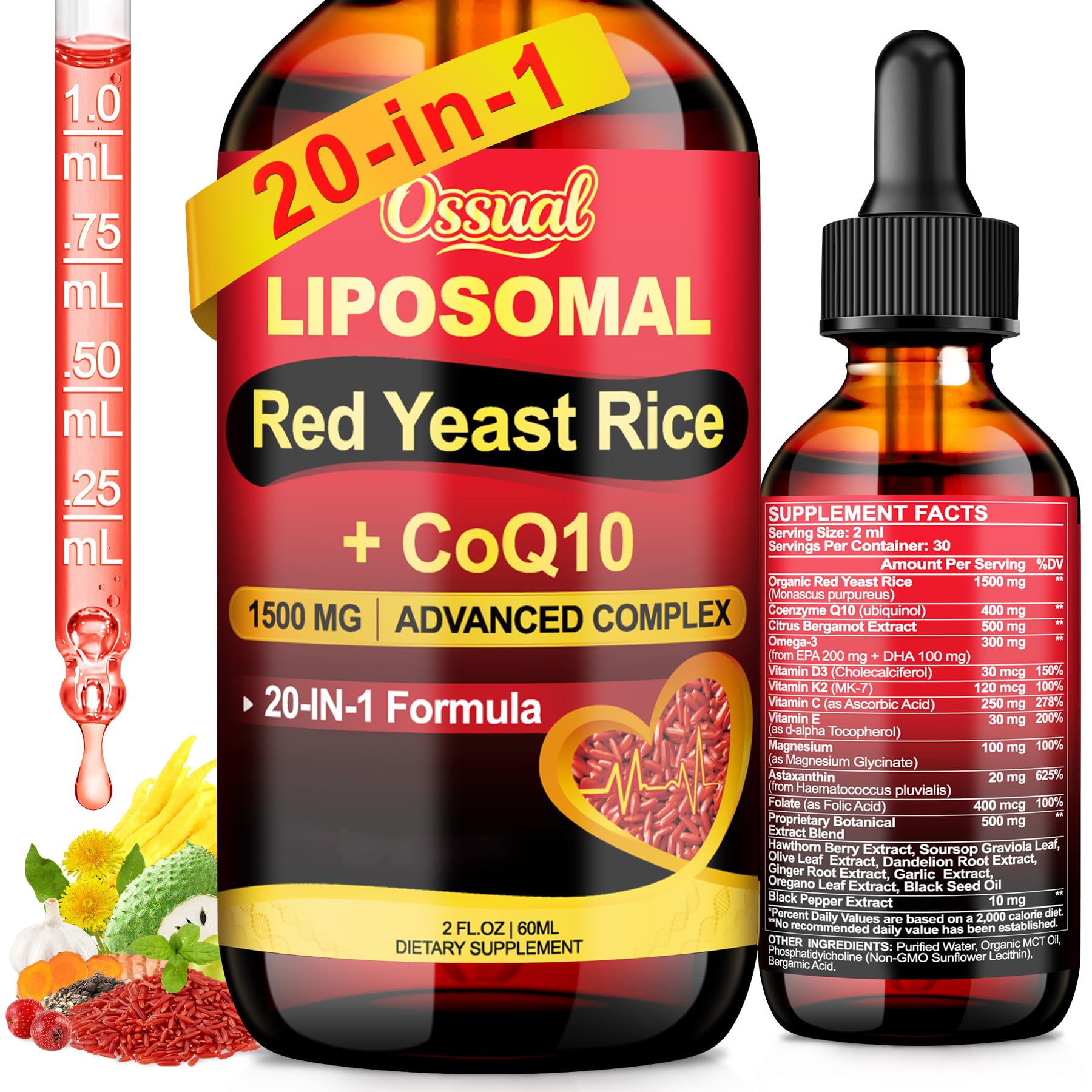 Ossual riz rouge liposomal CoQ10 versement — soutien potentiel d'énergie quotidien.