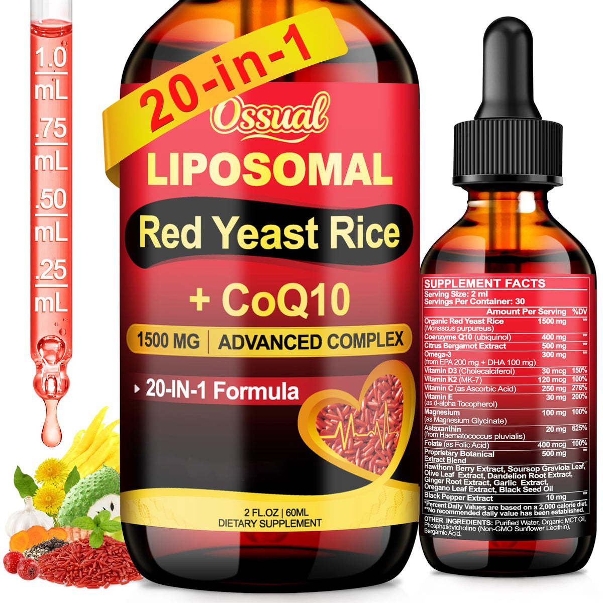 Ossual riz rouge liposomal CoQ10 versement — soutien potentiel d'énergie quotidien.