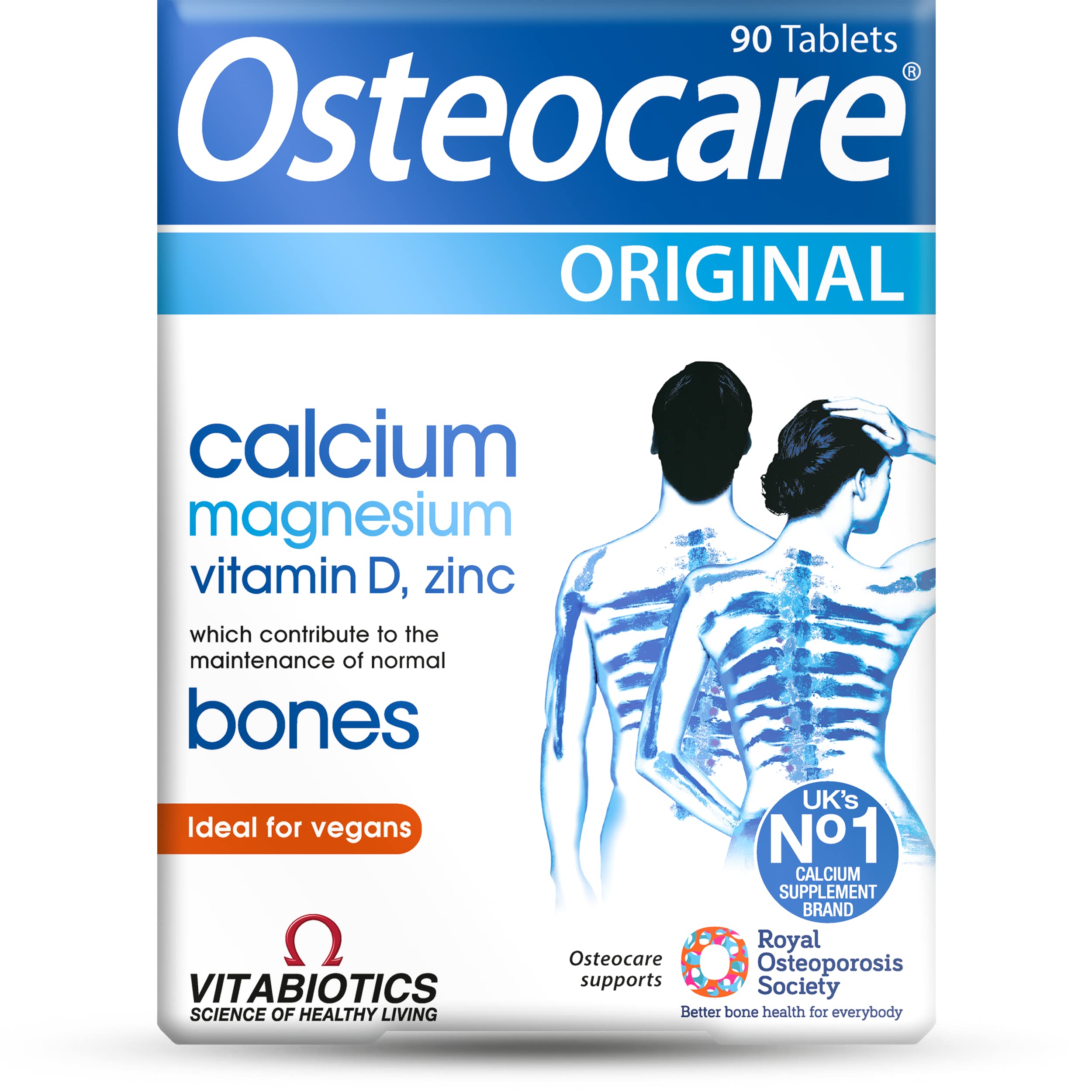 Osteocare Original : bouteille montrant le soutien des os et l’absorption du calcium.