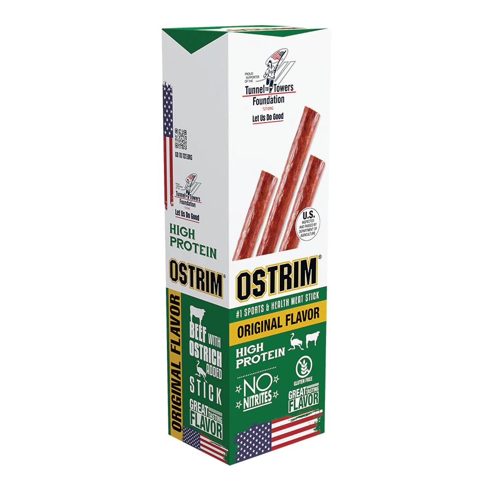 Ostrim: bâtonnet protéiné bœuf et autruche, saveur originale, collation pratique.