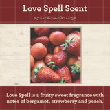 Our Own Candle Company Lovespell étiquette claire sur le flacon pour identification facile.