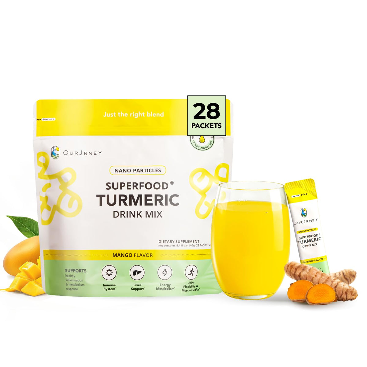OurJrney Nano Curcuma Mango en sachet, pratique pour démarrer la journée.