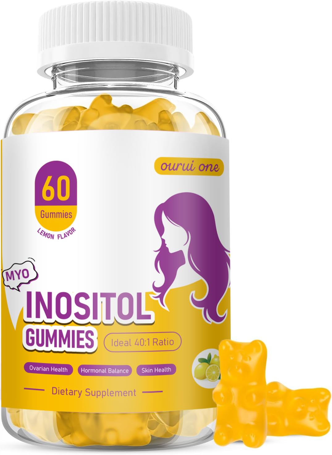 ourui one myo-d-chiro-inositol gommes citron, flacon en vedette équilibre hormonal potentiel.