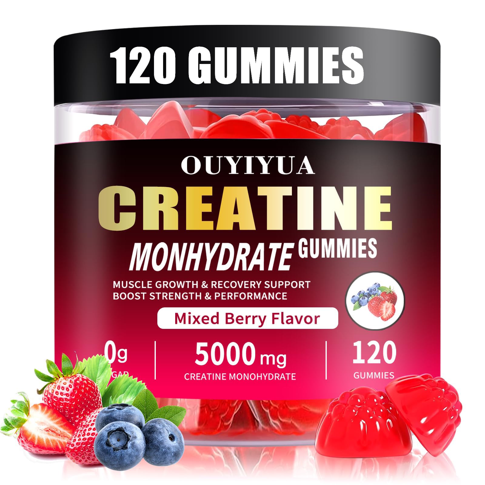 OUYIYUA Créatine Monohydrate Gommes, bouteille 120, pratique pour une utilisation quotidienne.