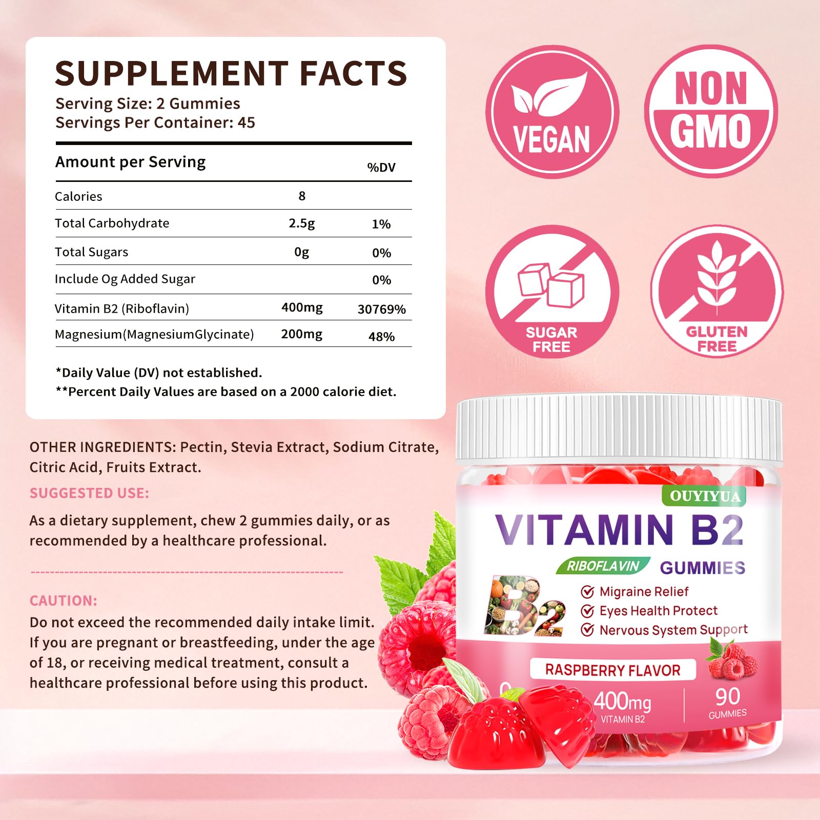 Gommes OUYIYUA framboise, formulation B2 et magnésium pour énergie et focus.
