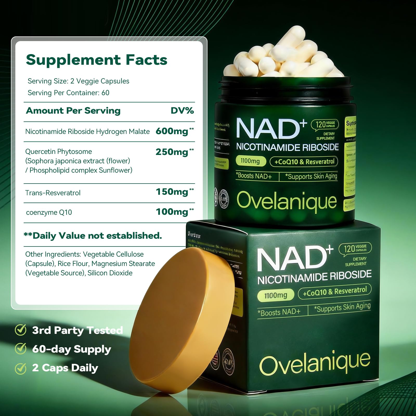 Étiquette du produit Ovelanique NAD : informations claires sur les composants.