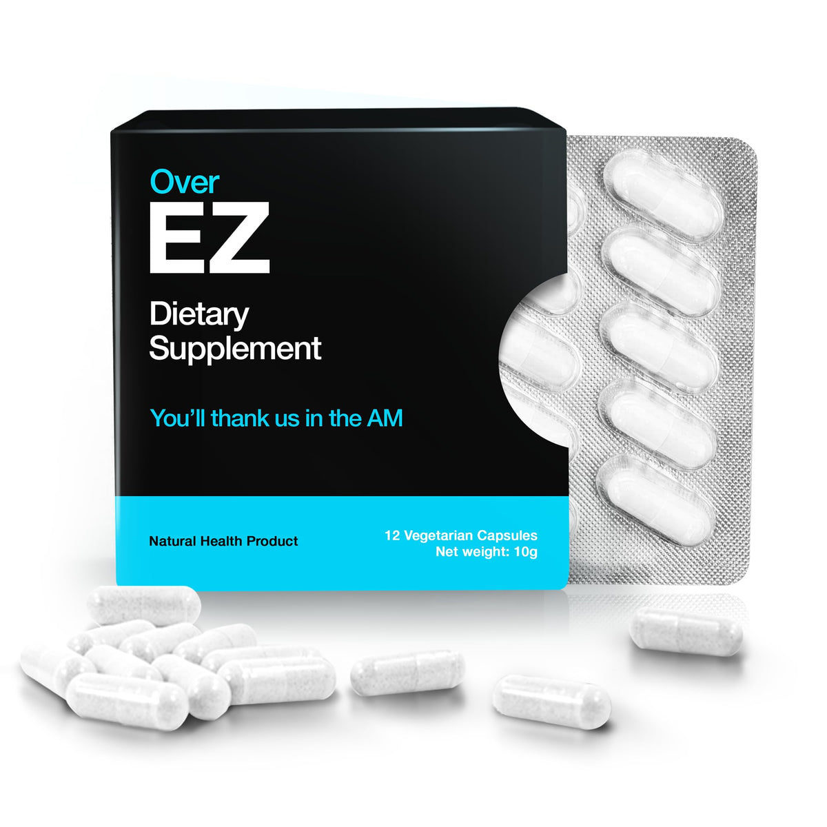 OVER EZ pré-boisson, boîte de 12 capsules, récupération après soirée et réveil plus frais