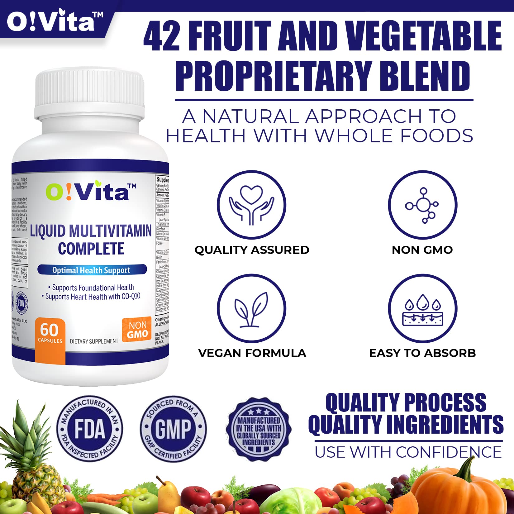 O!VITA Liquid Multivitamin Complete avec CoQ10, 50mcg pour l’énergie au quotidien.