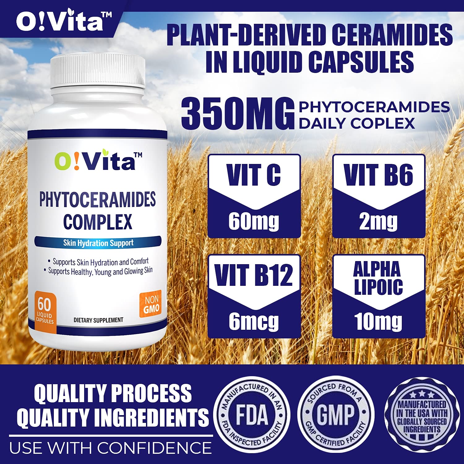 O!VITA Phytoceramides Complex – gros plan sur l étiquette et les ingrédients non‑OGM