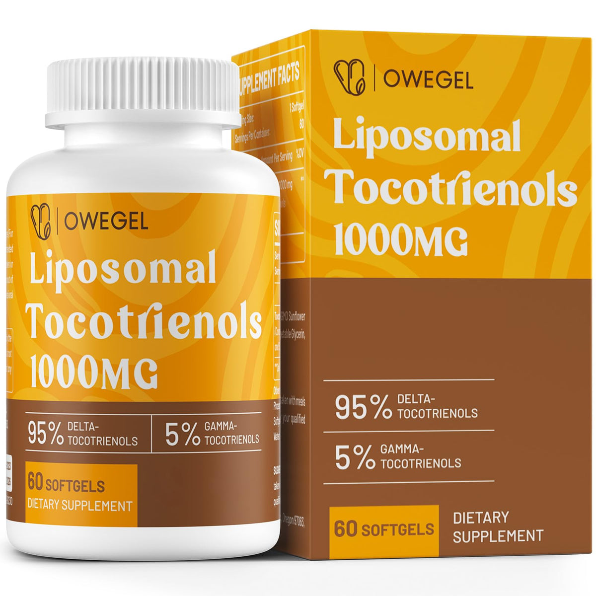 Owegel tocotrienols liposomales: bouteille indiquant dosage quotidien et potentiel antioxydant.