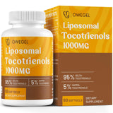 Owegel tocotrienols liposomales: bouteille indiquant dosage quotidien et potentiel antioxydant.