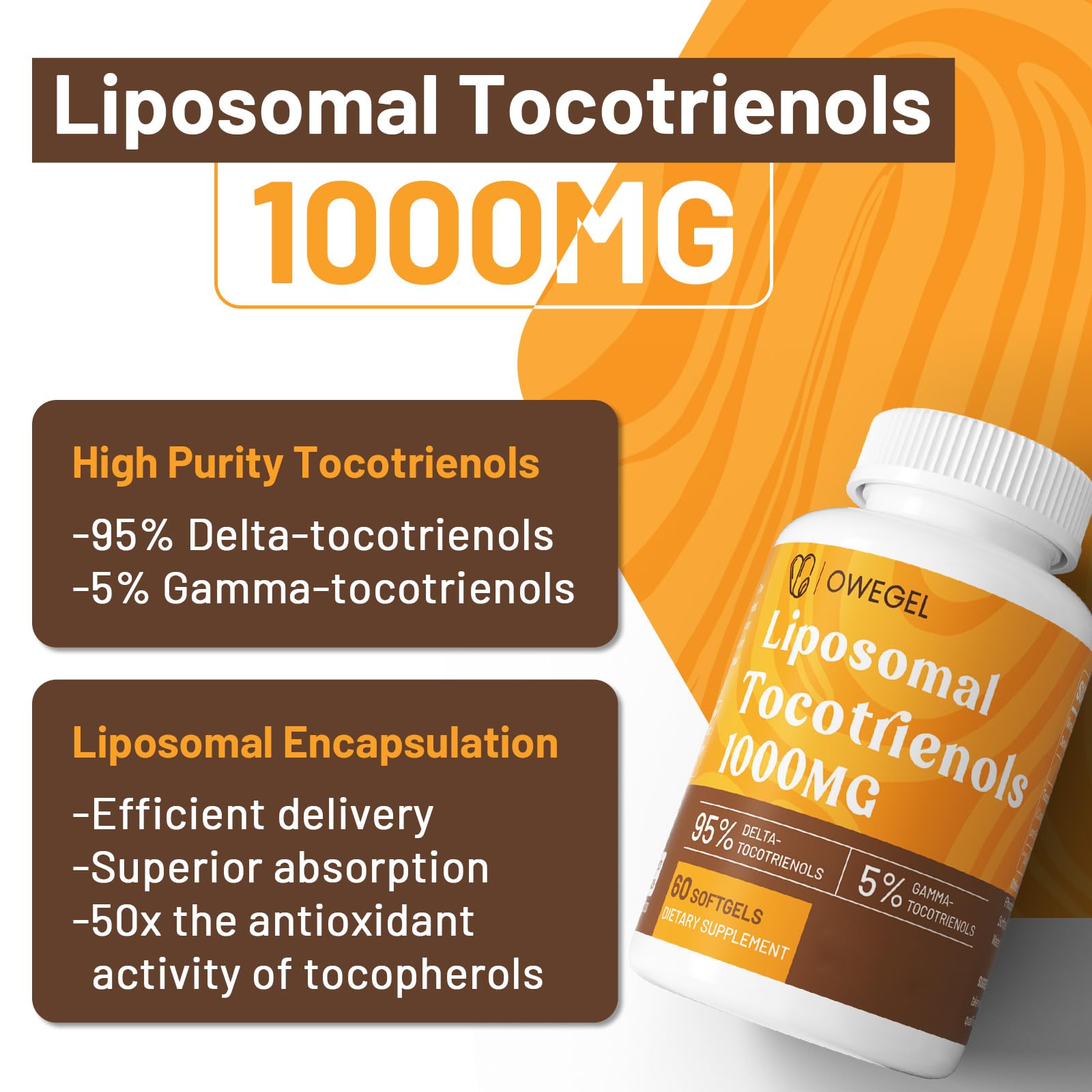Owegel tocotrienols liposomales: étiquette indiquant la concentration Delta et Gamma.