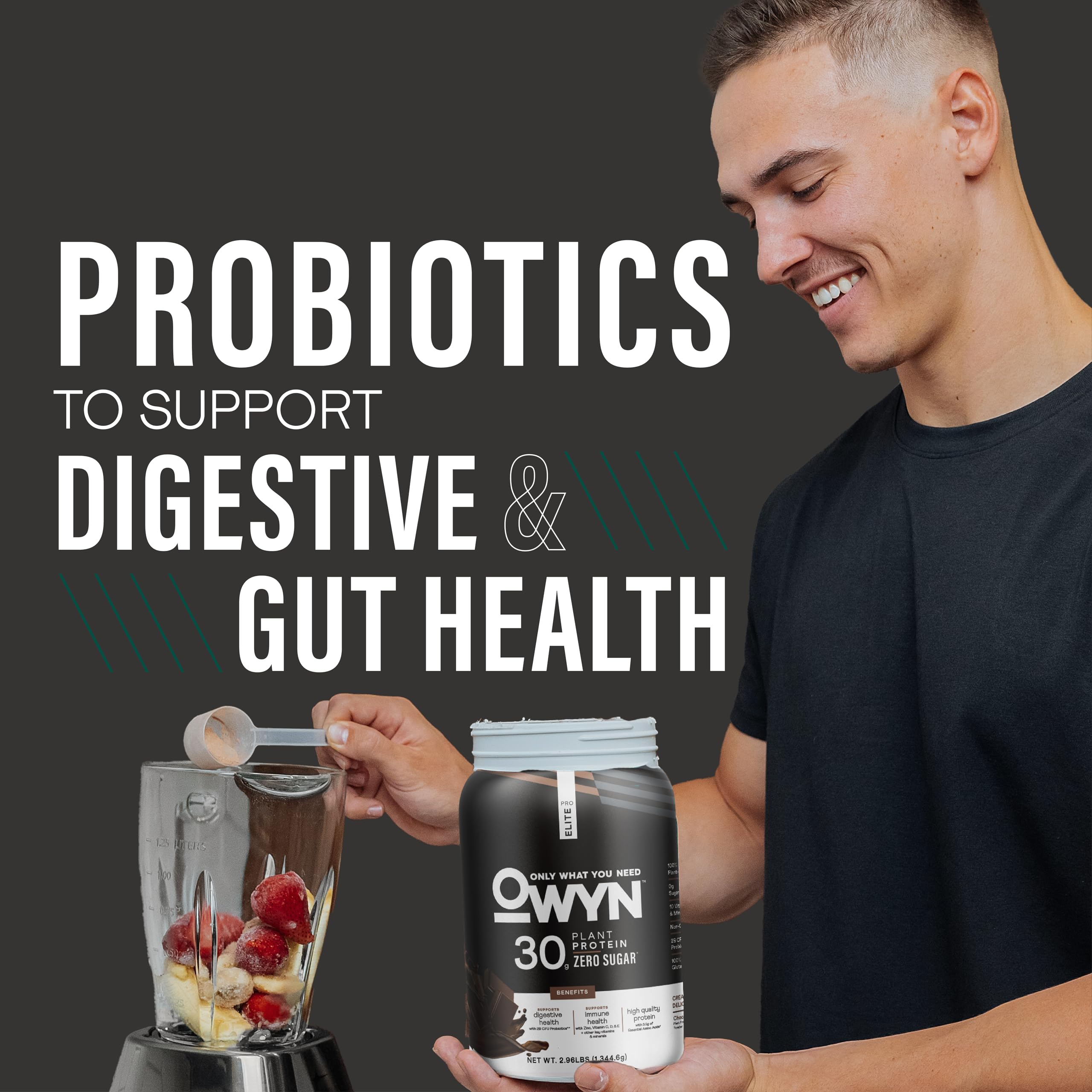 OWYN Pro Elite mélange superaliments verts, chou frisé, épinards et brocoli pour la nutrition.