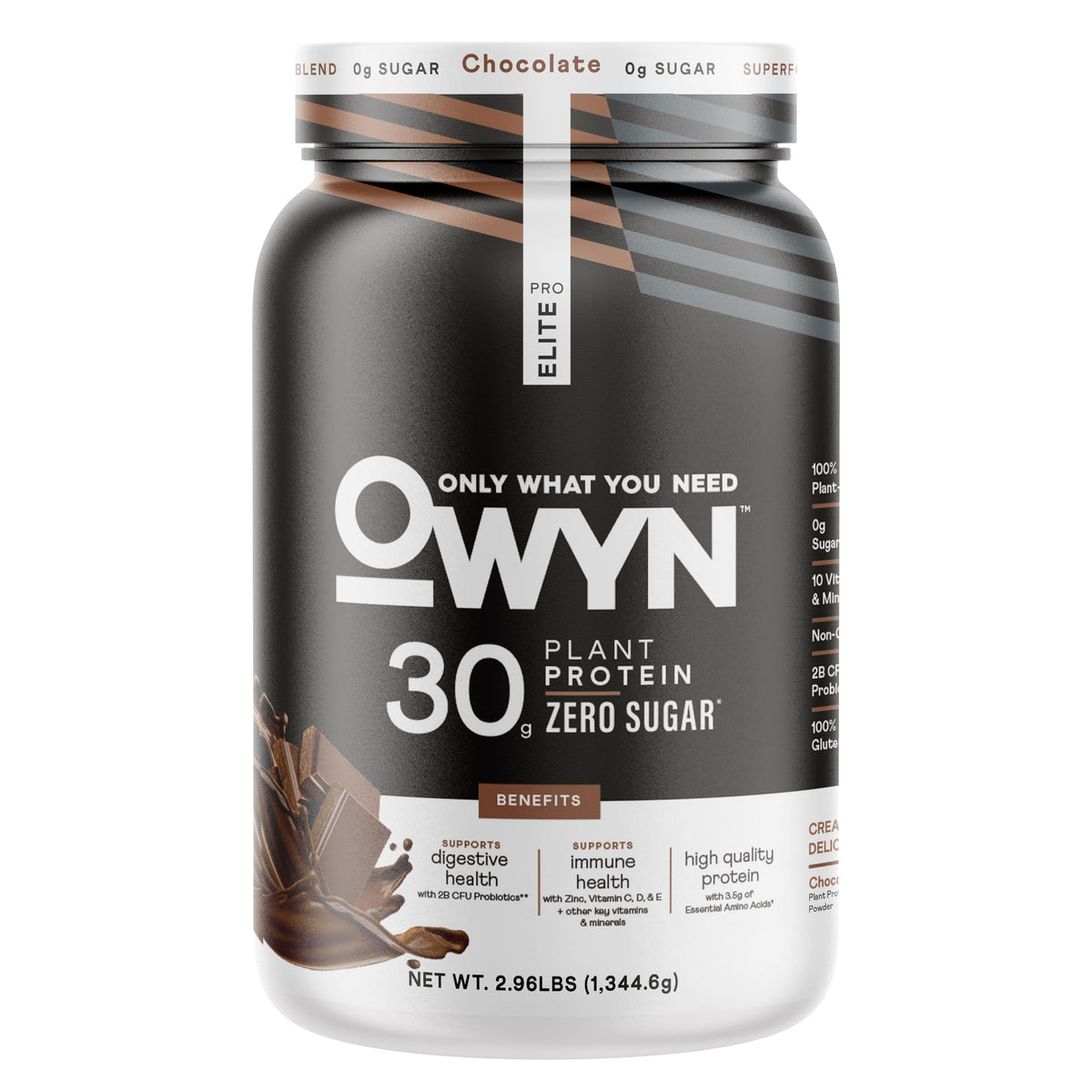 OWYN Pro Elite poudre protéine vegan chocolat noir, zéro sucre, soutien nutritionnel.