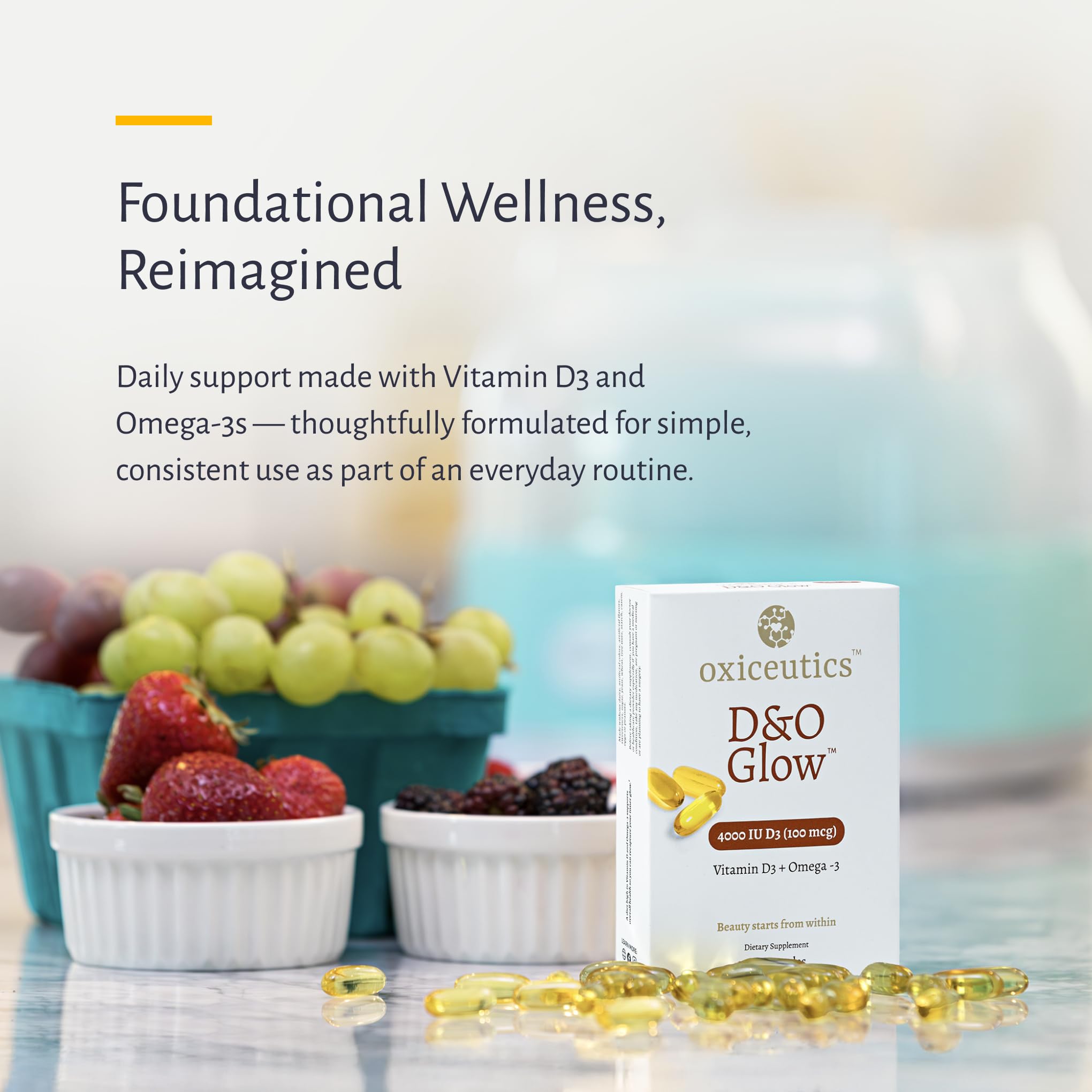 Oxiceutics D&O Glow – bouteille de 30 capsules, prise quotidienne pratique.