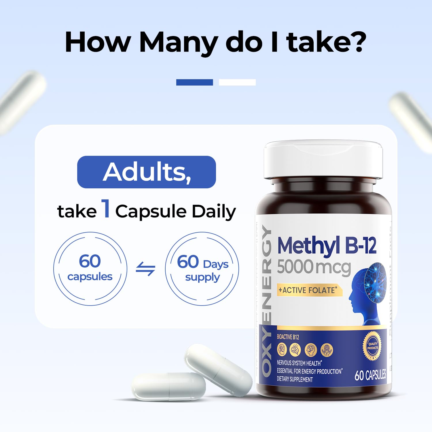 Boîte OxyEnergy B12 et tableau des ingrédients et méthylfolate