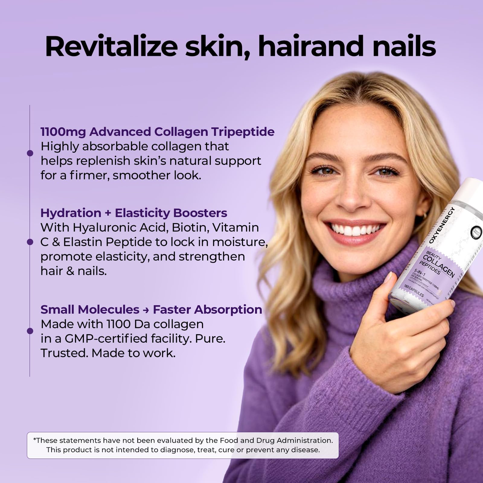 OxyEnergy Collagène : tripeptides 1100 mg, absorption facilitée.