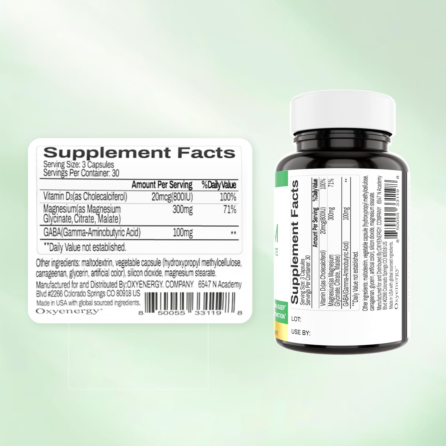 GABA inclus dans OxyEnergy pour un soutien potentiel du confort nerveux.