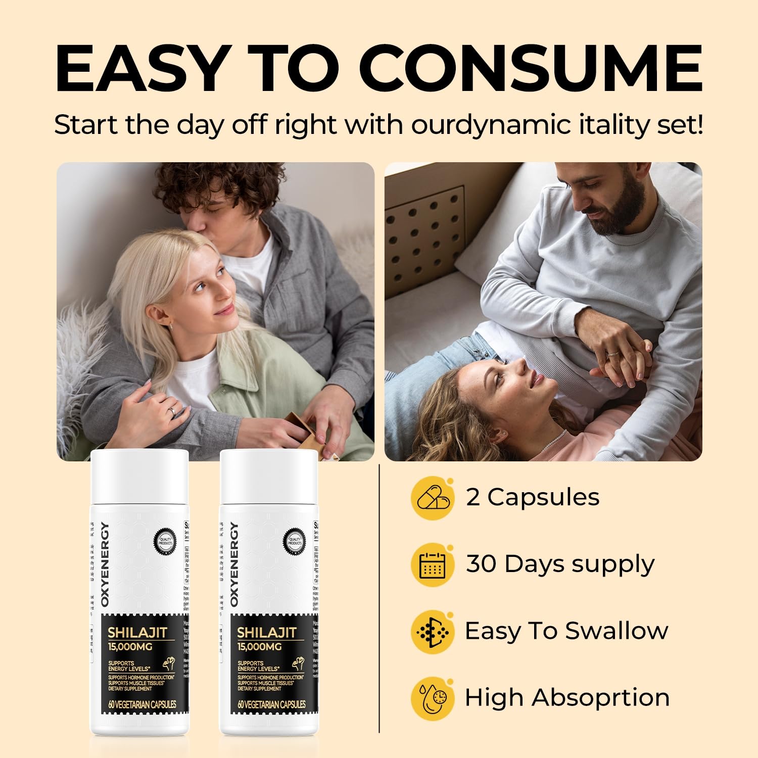 OxyEnergy Shilajit vegan sans gluten ni lactose.