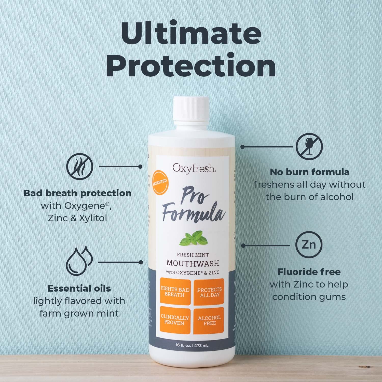 Oxyfresh Pro Formula Fresh Mint, etiquette claire pour meilleure présentation produit.