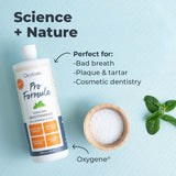 Oxyfresh Pro Formula Fresh Mint, fluide transparent rappelant pureté et hygiène buccale.