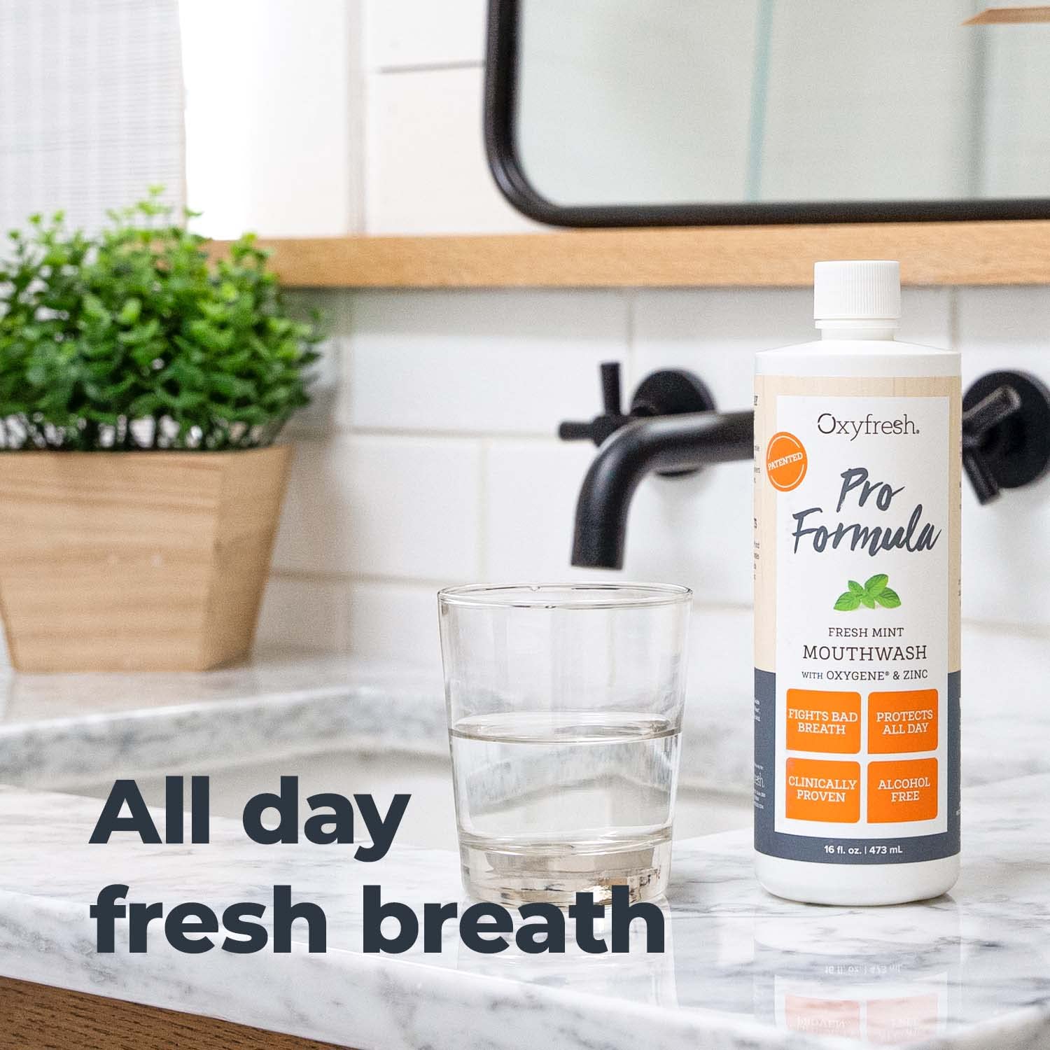 Oxyfresh Pro Formula Fresh Mint, gencives saines illustrées par une sensation de propreté.