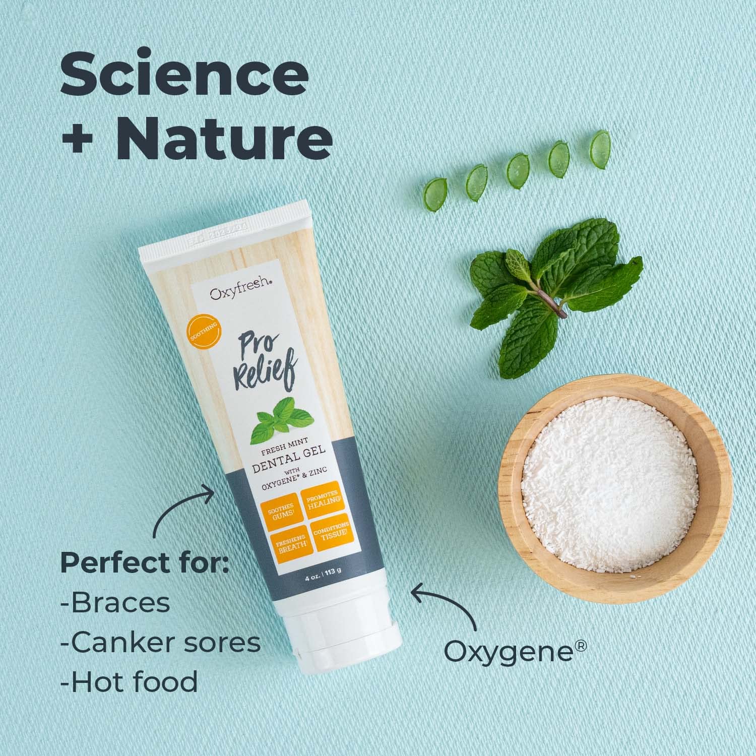 Oxyfresh Pro Relief Gel dentaire – aloé vera et camomille apaisent les gencives.
