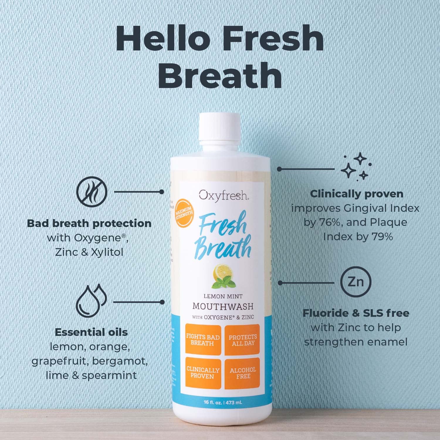 Étiquette du rince-bouche Oxyfresh Limon-Menthe indiquant les détails sans fluorure.
