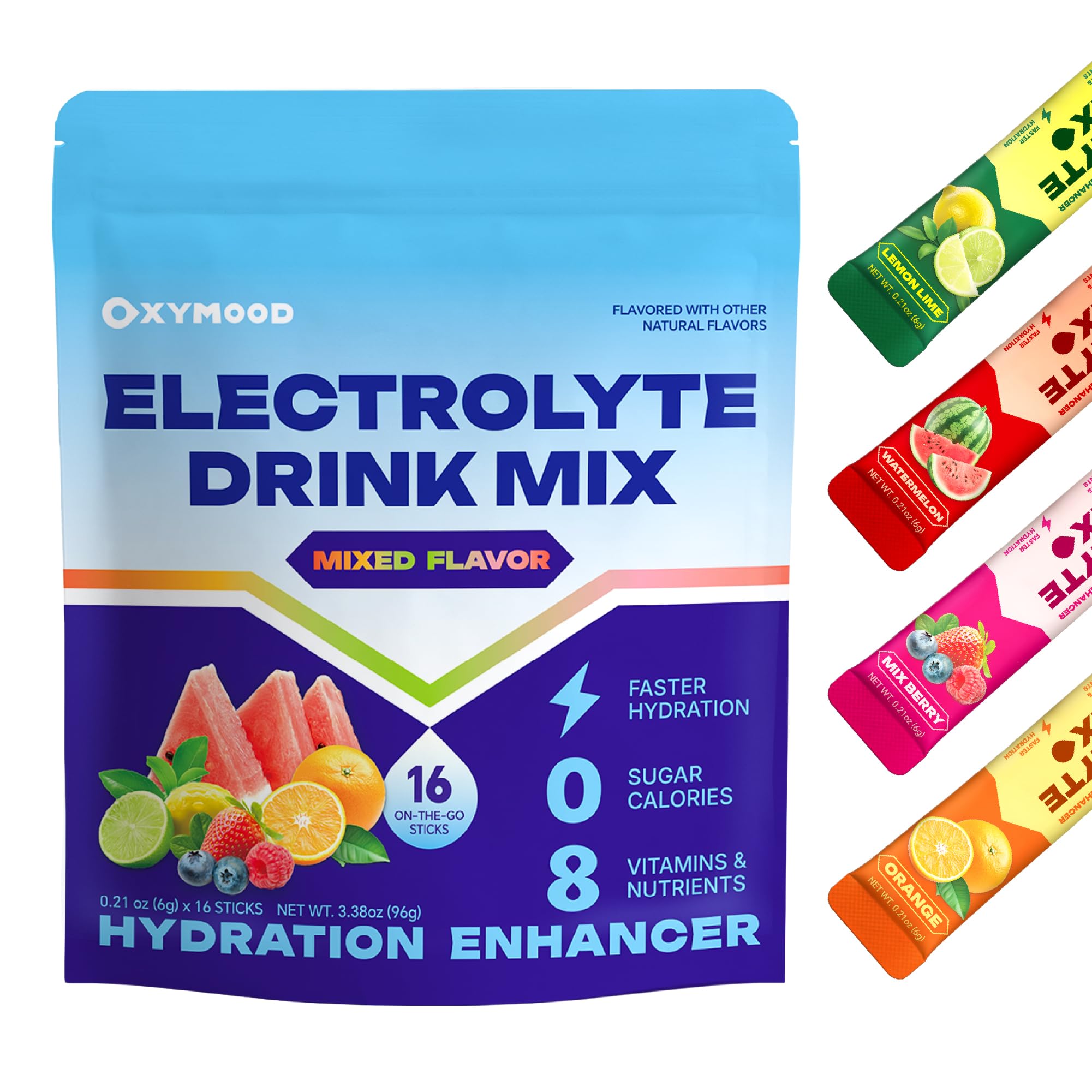 OXYMOOD sachets électrolytes sans sucre, emballage portable pour hydratation nomade.