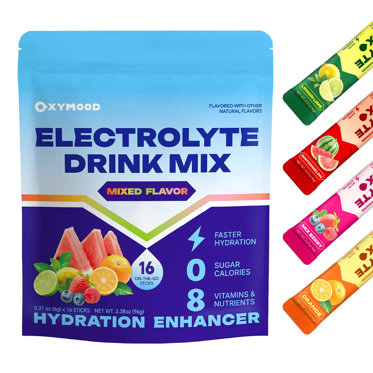 OXYMOOD sachets électrolytes sans sucre, emballage portable pour hydratation nomade.
