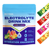 OXYMOOD sachets électrolytes sans sucre, emballage portable pour hydratation nomade.
