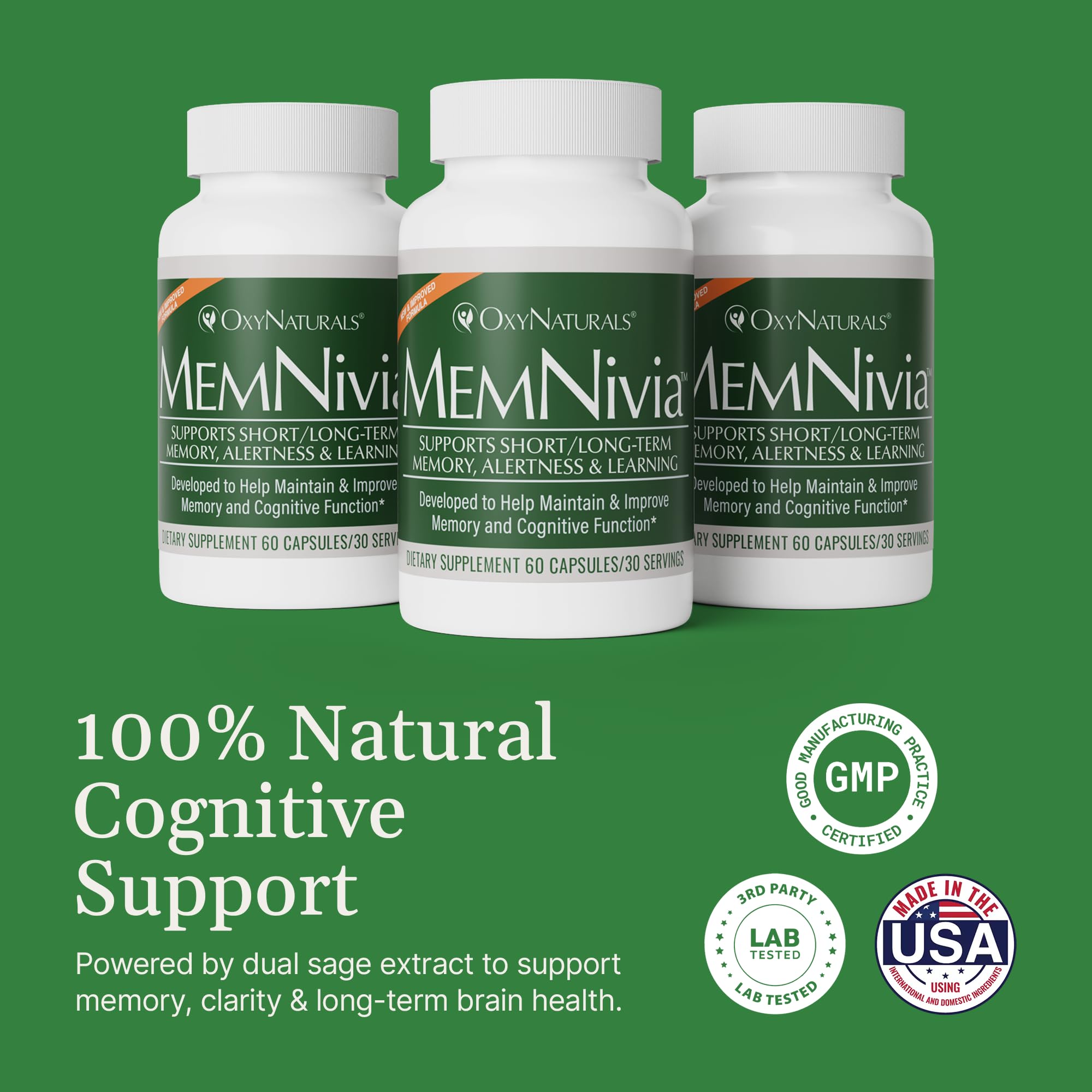 OxyNaturals MemNivia — étiquette affichant Cognivia et Bacopa pour un soutien potentiel.