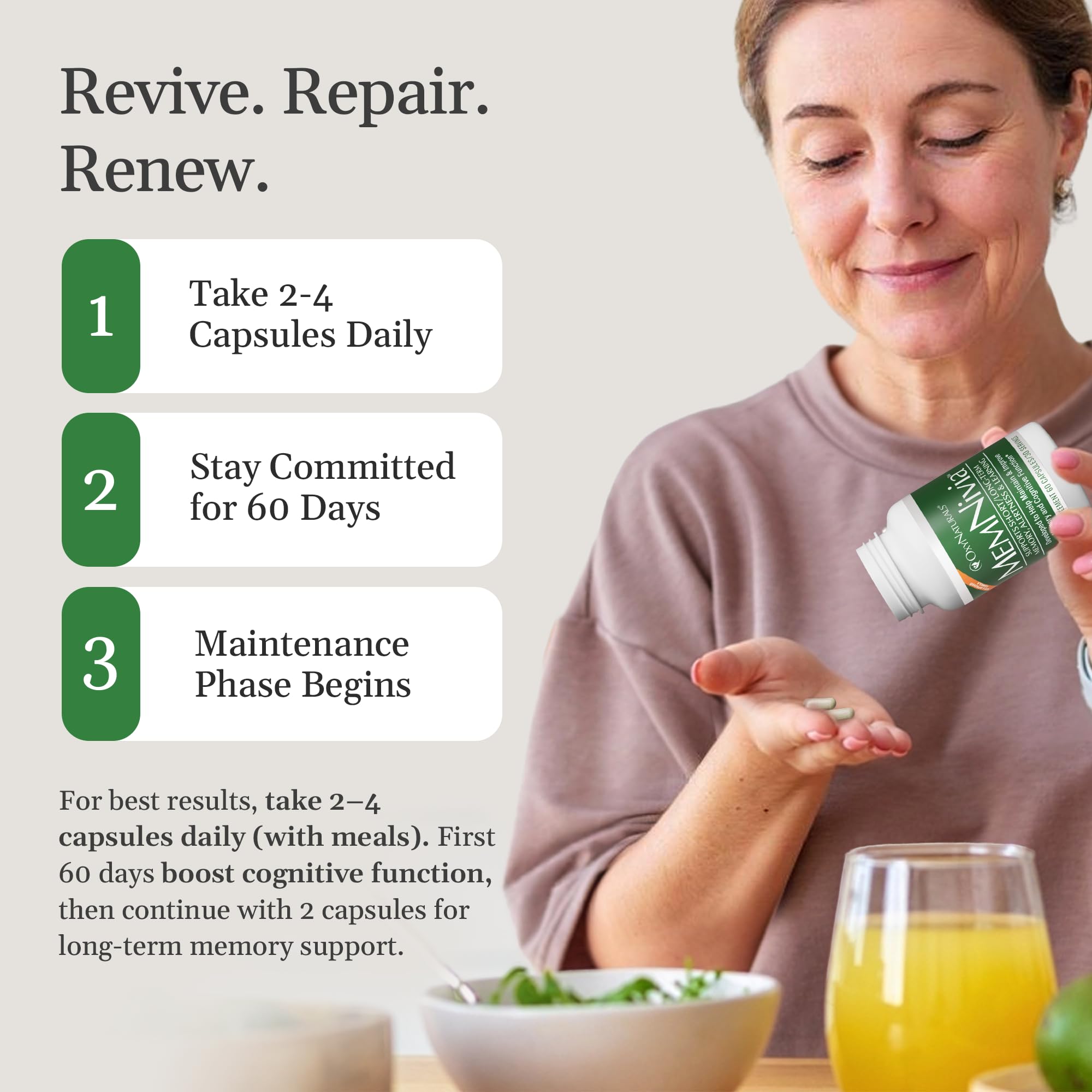 OxyNaturals MemNivia — emballage extérieur, formule botanique pour le bien-être mental.