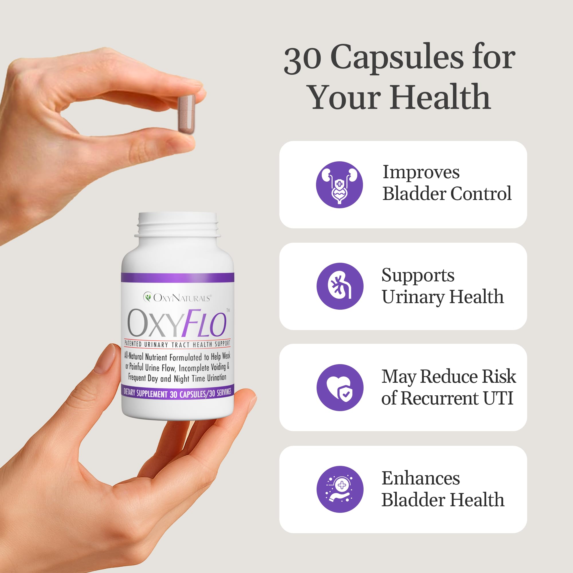 OxyNaturals OxyFlo capsules – format pratique pour l'usage quotidien.